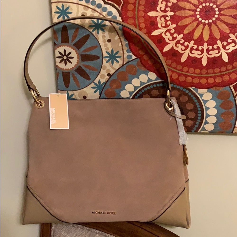 Michael Kors Lg Shoulder Nicole Suede Leather Tan
